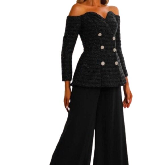 NWT Terani Couture 242E3185 Metallic Lace Formal Pantsuit Black Size 12 - Picture 1 of 6
